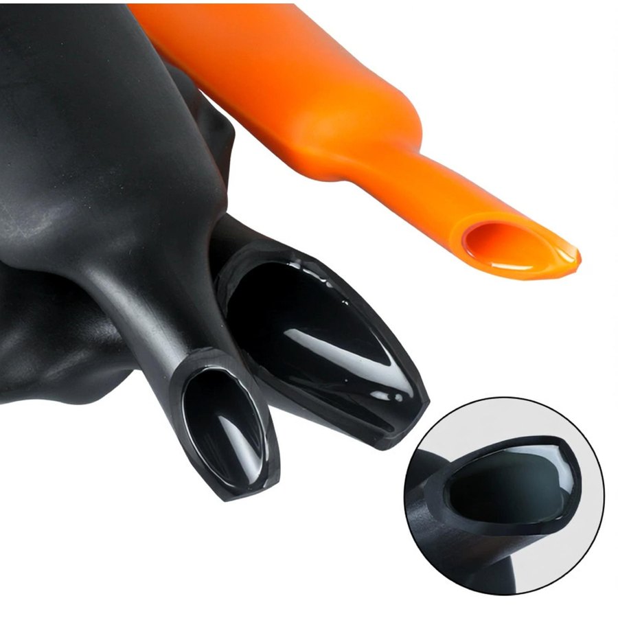 Dual-wall heat-shrink tubing in black and orange, recovered neck over a cable with cut-end detail