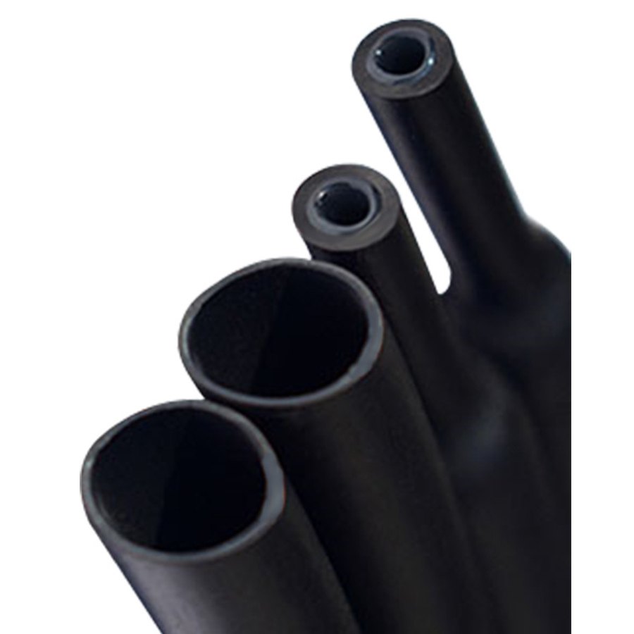 Dual-wall heat-shrink tubing, black heavy-wall, cut ends showing the inner adhesive layer